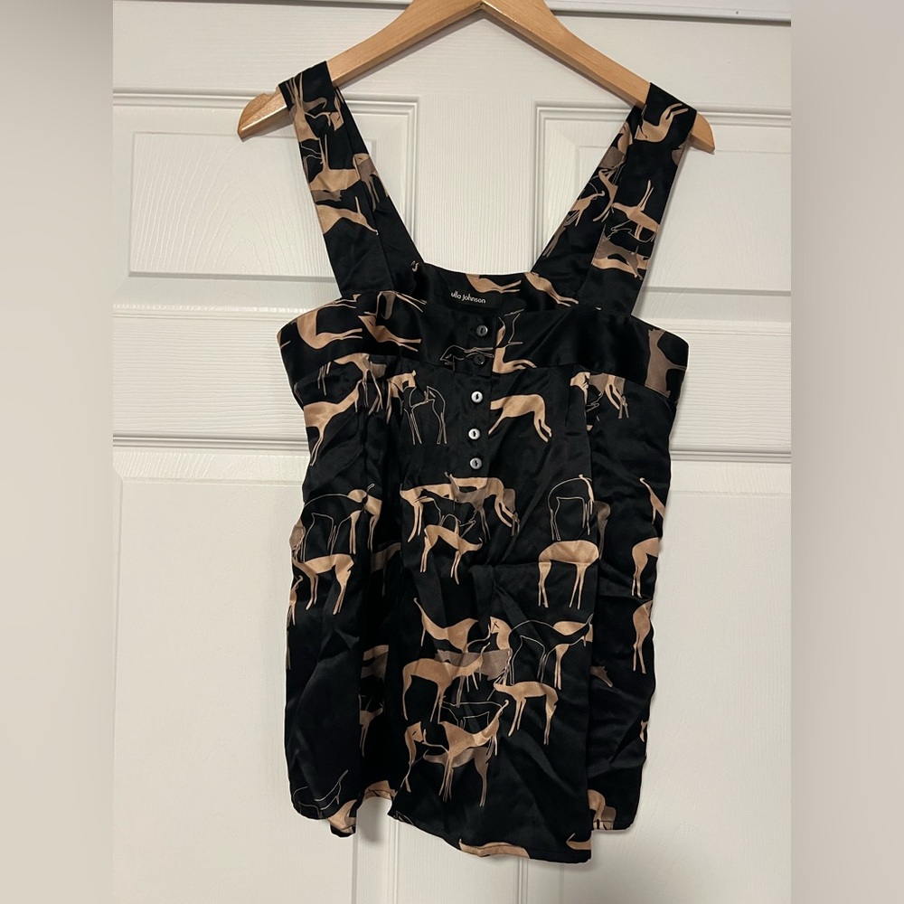 Ulla‎ Johnson Silk Tank Top Black Gold Deer Doe Animal Print
